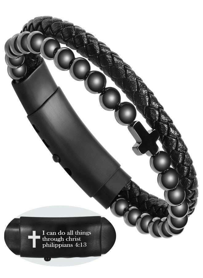 Jecanori Magnetic Cross Bracelet for Men, Black Braided Leather Bracelet With Black Obsidian,Christian Gifts for Men - Image 1